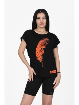 Nurneva Tüy Baskılı Kesik Kol Tshirt Siyah