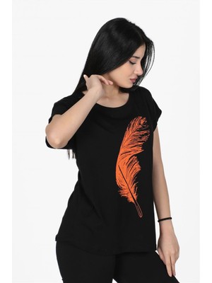 Nurneva Tüy Baskılı Kesik Kol Tshirt Siyah