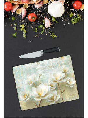 Aylina Beyaz Çiçekler | Cam Kesme Tahtası |  25 x 35 cm