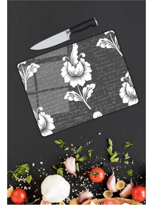 Aylina Beyaz Çiçekler Cam Kesme Tahtası  25 x 35 cm