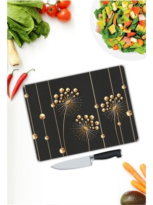 Aylina Gold Çiçekler | Cam Kesme Tahtası |  25 x 35 cm