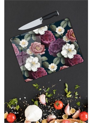 Aylina Renkli Çiçekler Cam Kesme Tahtası  25 x 35 cm