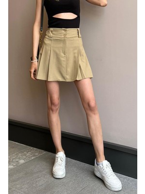 Madmext Kadın Bej Basic Pileli Mini Etek MG1474