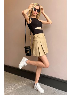Madmext Kadın Bej Basic Pileli Mini Etek MG1474