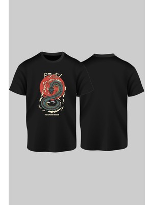 T-35 Ejderha Baskılı Siyah  Tişört
