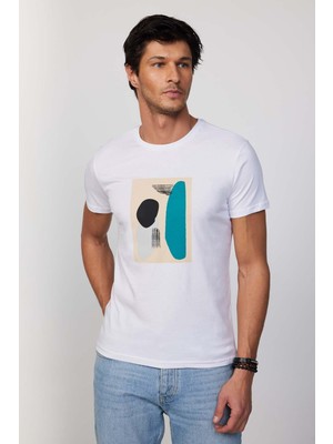 Tudors Erkek Slim Fit Dar Kesim  Pamuk Yumuşak Dokulu Baskılı Beyaz Bisiklet Yaka Tişört