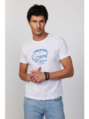 Tudors Erkek Slim Fit Dar Kesim  Pamuk Yumuşak Dokulu Baskılı Beyaz Bisiklet Yaka Tişört