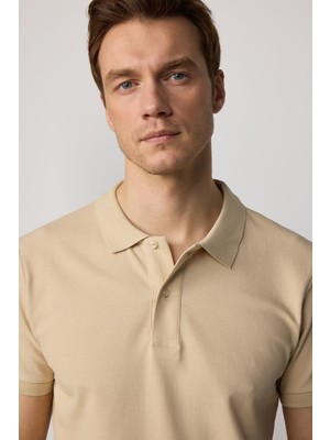 Tudors Erkek Slim Fit Dar Kesim %100 Pamuk Düz Pike Krem Renk Polo Yaka Tişört
