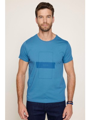 Tudors Erkek Slim Fit Dar Kesim %100 Pamuk Yumuşak Dokulu Baskılı Mavi Bisiklet Yaka Tişört