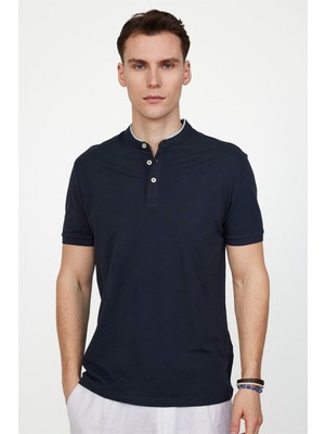Tudors Erkek Slim Fit Dar Kesim %100 Pamuk Düz Pike Lacivert Hakim Yaka Tişört