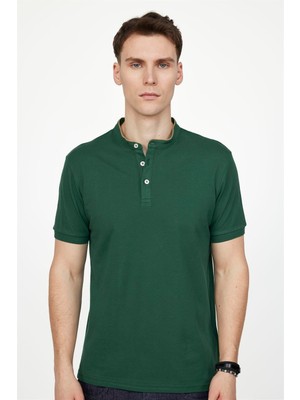 Tudors Erkek Slim Fit Dar Kesim %100 Pamuk Düz Pike Yeşil Hakim Yaka Tişört