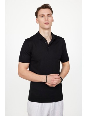 Tudors Erkek Slim Fit Dar Kesim Pamuklu Örme Triko Siyah Polo Yaka Tişört