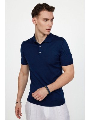 Tudors Erkek Slim Fit Dar Kesim Pamuklu Örme Triko Lacivert Polo Yaka Tişört