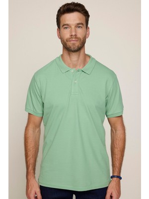 Tudors Erkek Slim Fit Dar Kesim %100 Pamuk Düz Pike Yeşil Polo Yaka Tişört