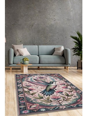 Homshtag Nuh'un Gemisi Koleksiyonu Sinek Kuşu Çiçek Temalı Vintage Renkli Maksimalist Halı