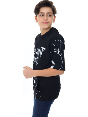 Angelos Girls Erkek Çocuk Kapüşonlu Kargo Cepli Baskılı T-Shirt 9-15 Yaş LX7091