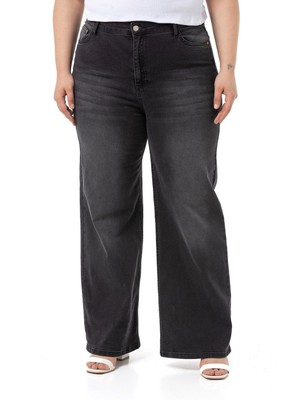 Disentis Modest Büyük Beden Yüksek Bel Geniş Paça Antrasit Denim Pantolon