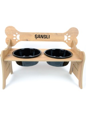 RealWood Özel İsimli Seramik Kaseli Kademeli Büyük Irk Köpek Mama ve Su Kabı Standı-2*1000 ml.