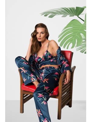 D Kit Boutique Kadın Saten Tropikal Çiçek 3'lü Kadın Pijama Takımı