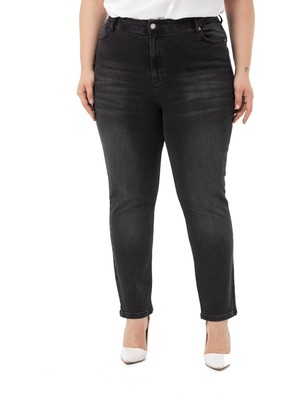 Disentis Modest Büyük Beden Yüksek Bel Dar Paça Siyah Denim Pantolon