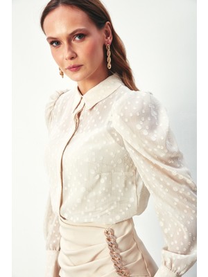 Sateen Puantiye Dokulu Gömlek - Taş