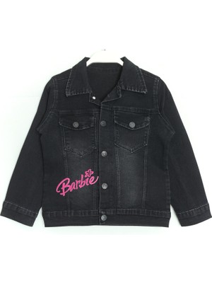 DobaKids Barbie Baskılı Gömlek Yaka Kız Çocuk Kot Ceket 3-12 Yaş Siyah 001-0001861