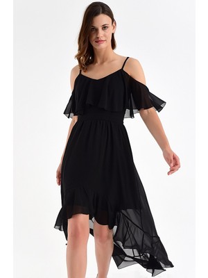 Laranor Ayarlanabilir Askılı Yaka ve Etek Ucu Volanlı Asimetrik Şifon Elbise 40 - Siyah