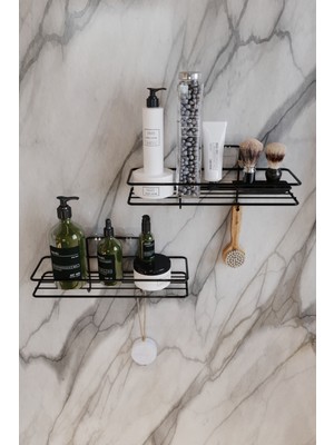 Boz Concept Home Paslanmaz 2li Set Banyo Düzenleyici Şampuanlık Mat Siyah Yapışkanlı 4 Askılı Duş Rafı Paslanmaz Organizer