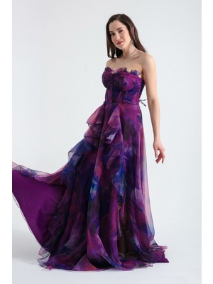 Lafaba Kadın Mor Straplez Organze Uzun Abiye Elbise