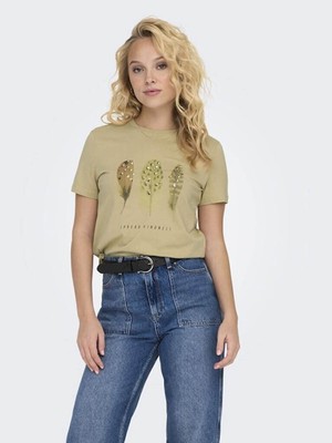 Only Kadın T-Shirt Haki 15316706 Onlkıta Lıfe Reg S/s Feathers Top Jrs