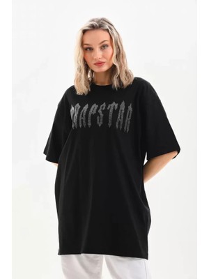 Stock Mount Unisex Taş Desenli Oversize T-Shirt - Siyah