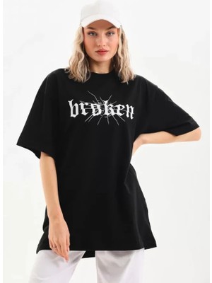 Stock Mount Unisex Baskılı Oversize T-Shirt - Siyah