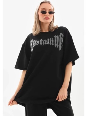 Stock Mount Unisex Taş Desenli Oversize T-Shirt - Beyaz