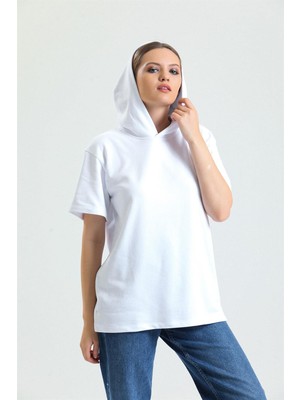 Pulur.co Beyaz Kısa Kollu Kapüşonlu Oversize Sweatshirt