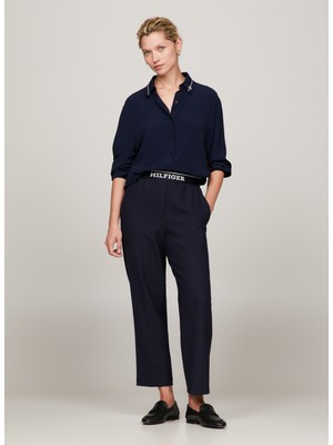Tommy Hilfiger Lastikli Bel Normal Lacivert Kadın Pantolon Slım Straıght Logo Pant