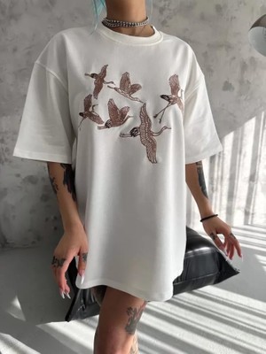 Poppytex Unisex Nakış Işlemeli T-Shirt - Beyaz