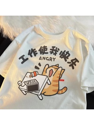 Touz Moda Angry Cat Oversize Beyazt-Shirt