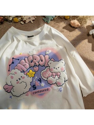 Touz Moda Harajuku Cute Beyaz Oversize T-Shirt