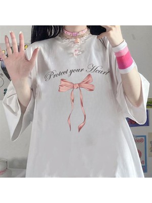 Touz Moda Protect Your Heart Beyaz Oversize T-Shirt