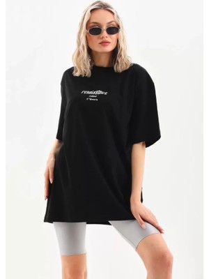 Passense Unisex Baskılı Oversize T-Shirt - Siyah