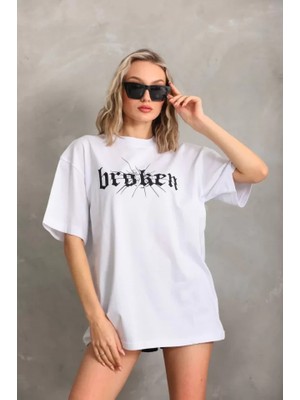 Passense Unisex Baskılı Oversize T-Shirt - Beyaz