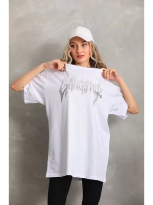 Passense Unisex Taş Desenli Oversize T-Shirt - Beyaz