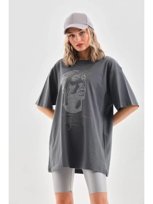 Passense Unisex Taş Desenli Oversize T-Shirt - Füme