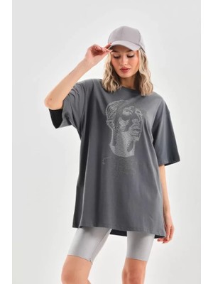 Passense Unisex Taş Desenli Oversize T-Shirt - Füme