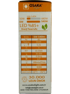 Osaka 6W (50W) 6500K (Beyaz Işık) E27 Duylu LED Ampul (2 Adet)