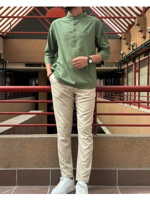 İnpool Erkek, Regular Fit, Hakim Yaka, Pamuklu, Keten Görünümlü Gömlek 24INPG07