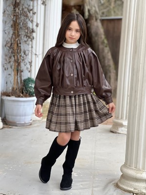 Miniğimin Cicileri Ekose Etekli Deri Ceketli Kız Çocuk 3'lü Takım - Kahverengi