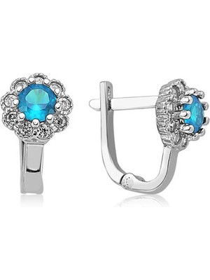 Serra Jewels Gümüş Turkuaz Çiçek Desenli Yuvarlak J Kadın Küpe