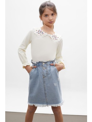 Cansın Mini Ekru Çiçek Nakışlı Bluzlu Kot Etekli Kız Çocuk Takım 18166