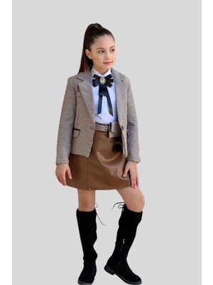 Turuncu Gardrop Turuncu Gardrop Ekose Ceketli Spor Şık Kız Takım Camel